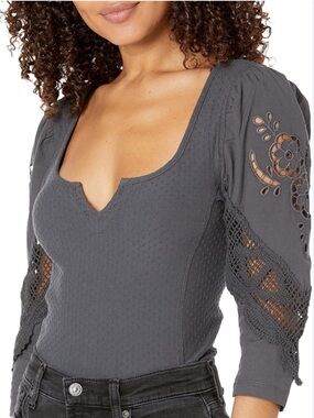 FREE PEOPLE BRUNCH DATE HENLEY Metal Stiletto GRAY Crochet Accent Scoop Neck XL